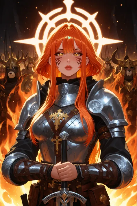 ((apenas)), (guerreira viking   :1.2), Aquecer, Hand on a sword, Beautiful woman with dragon tattoos all over her body,  red and orange hair, fully banged long hair, cabelo desgrenhado, sidelocks, levado, halo, cor dos olhos azuis, olhos brilhantes, seios ...