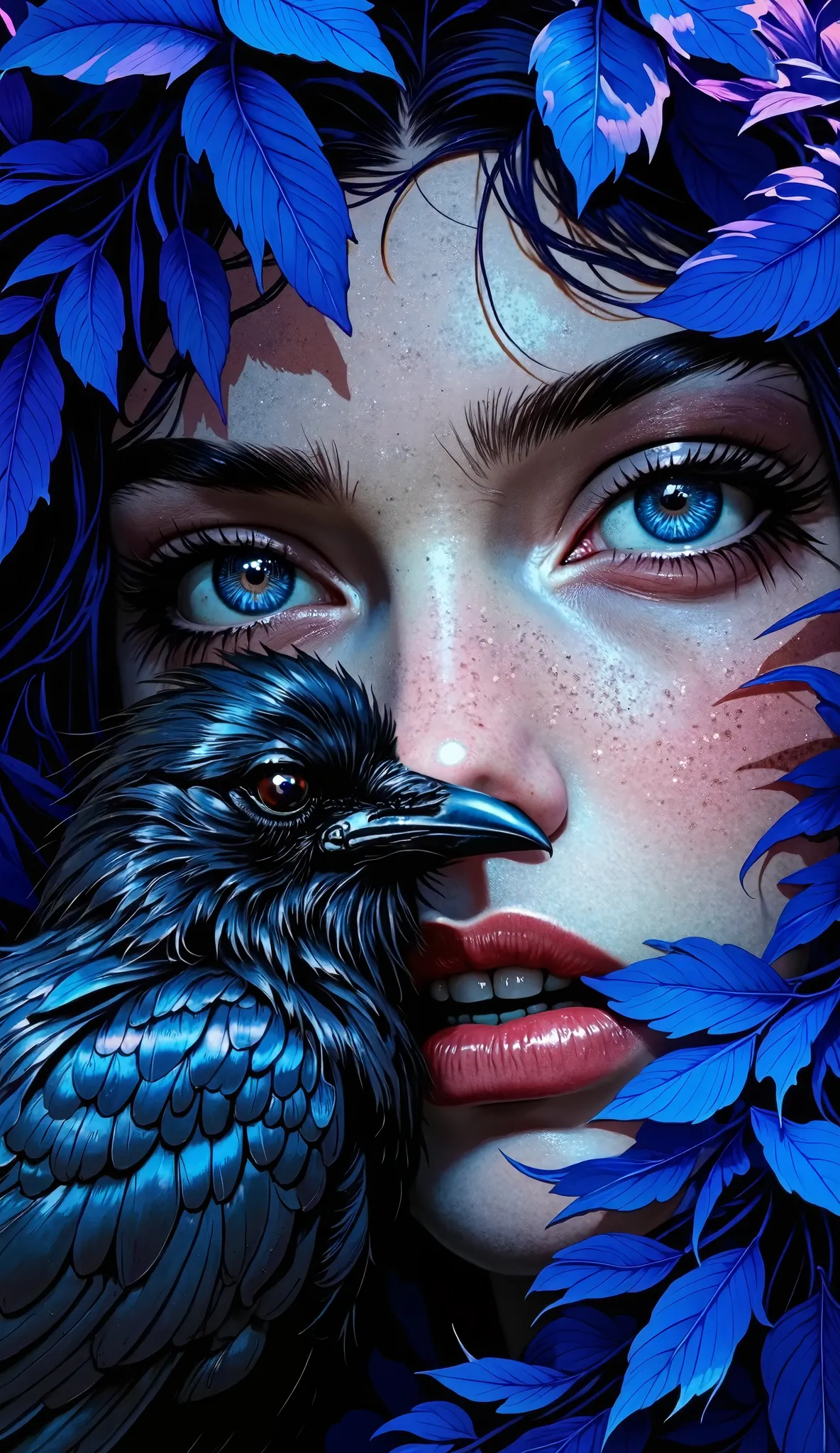 A woman with a mystical and otherworldly aura, her face partially obscured by a veil of blue feathers. Her piercing blue eye, adorned with a glimmering white contact lens, stares intensely at the viewer. The woman's skin is illuminated by a soft, ethereal ...