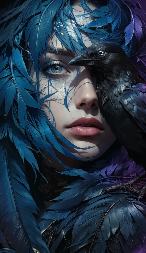 A woman with a mystical and otherworldly aura, her face partially obscured by a veil of blue feathers. Her piercing blue eye, adorned with a glimmering white contact lens, stares intensely at the viewer. The woman's skin is illuminated by a soft, ethereal ...