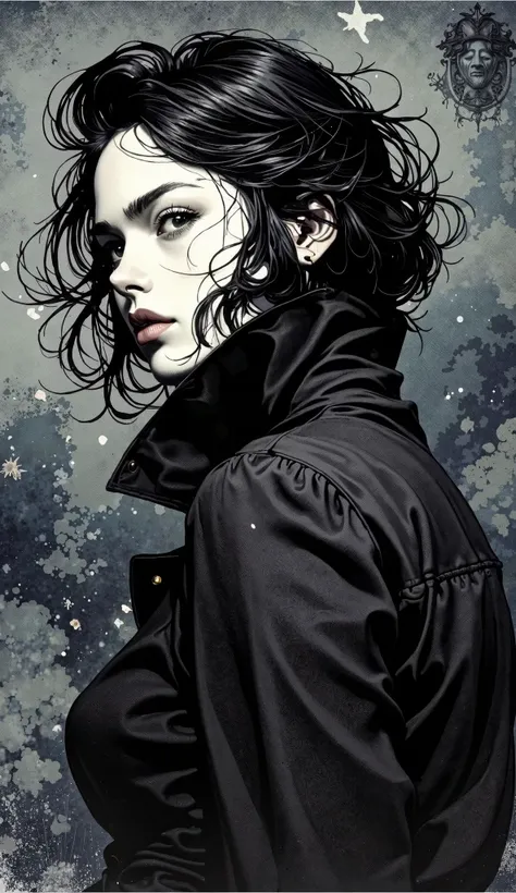 Blurred portrait of a woman with dark, messy hair, wearing a high-collared dark jacket. Her face is in profile, showing a serious expression with slightly parted lips. Her skin is pale, and her features are soft with a delicate jawline. The background is a...