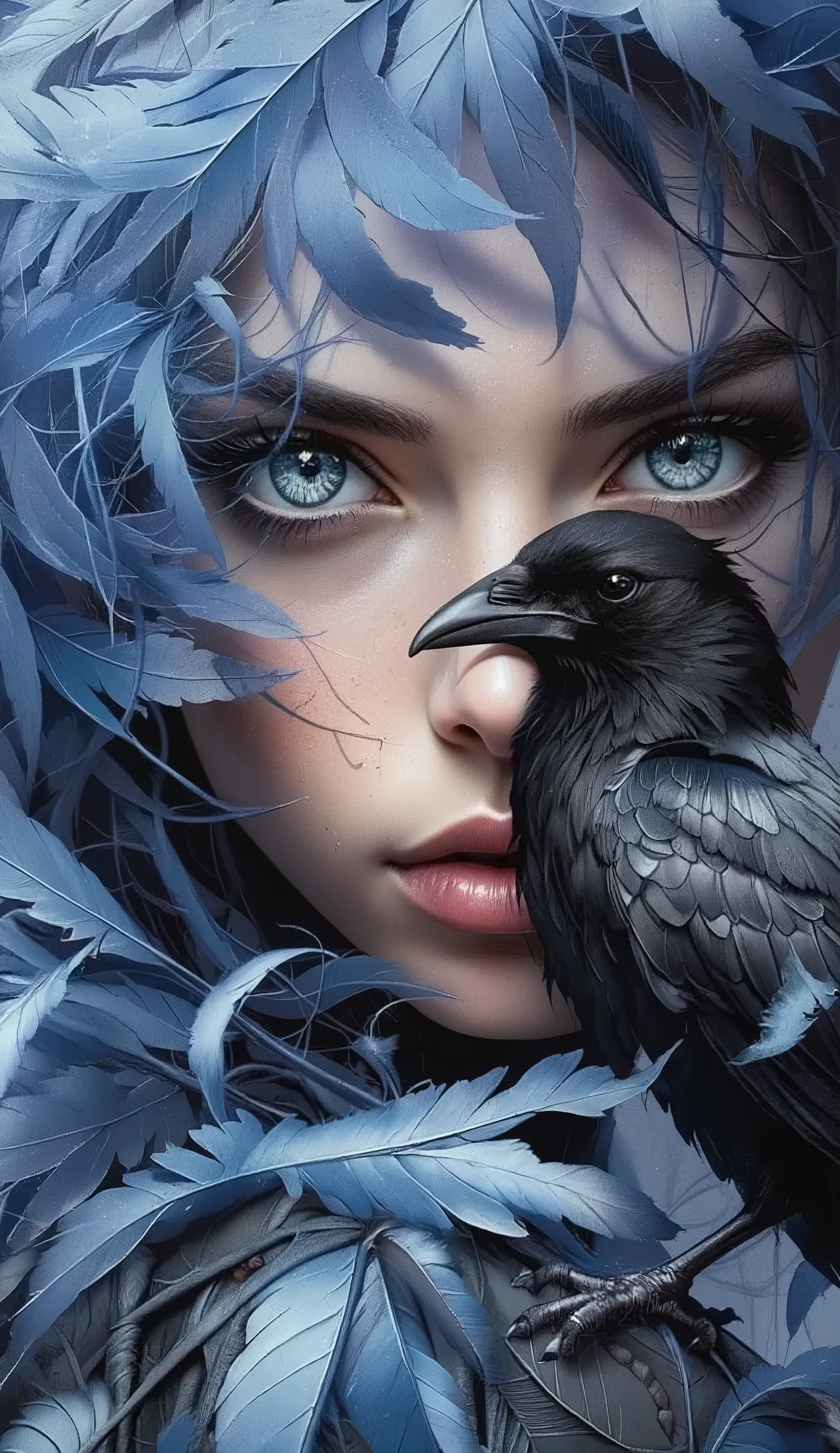 A woman with a mystical and otherworldly aura, her face partially obscured by a veil of blue feathers. Her piercing blue eye, adorned with a glimmering white contact lens, stares intensely at the viewer. The woman's skin is illuminated by a soft, ethereal ...