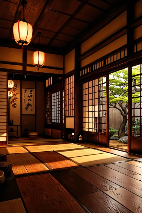 Inside a Japanese House, Detailed floor materials, realistic positions, Warm lanterns , Walnut wood grain 
[reflection, Brilliant Light, realistic, high definition photo, 4K, high resolution,  7- Japanese architecture ]
   