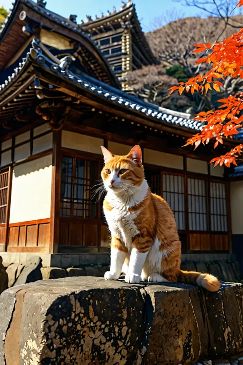 Cat on a rock, Japanese building in the background, Detailed wall, Detailed roofs ,  accurate Japanese buildings , on a sandy beach, detail fur, Accurate Cat 
[reflection, Brilliant Light, realistic, high definition photo, 4K, high resolution,  7-Japanese ...