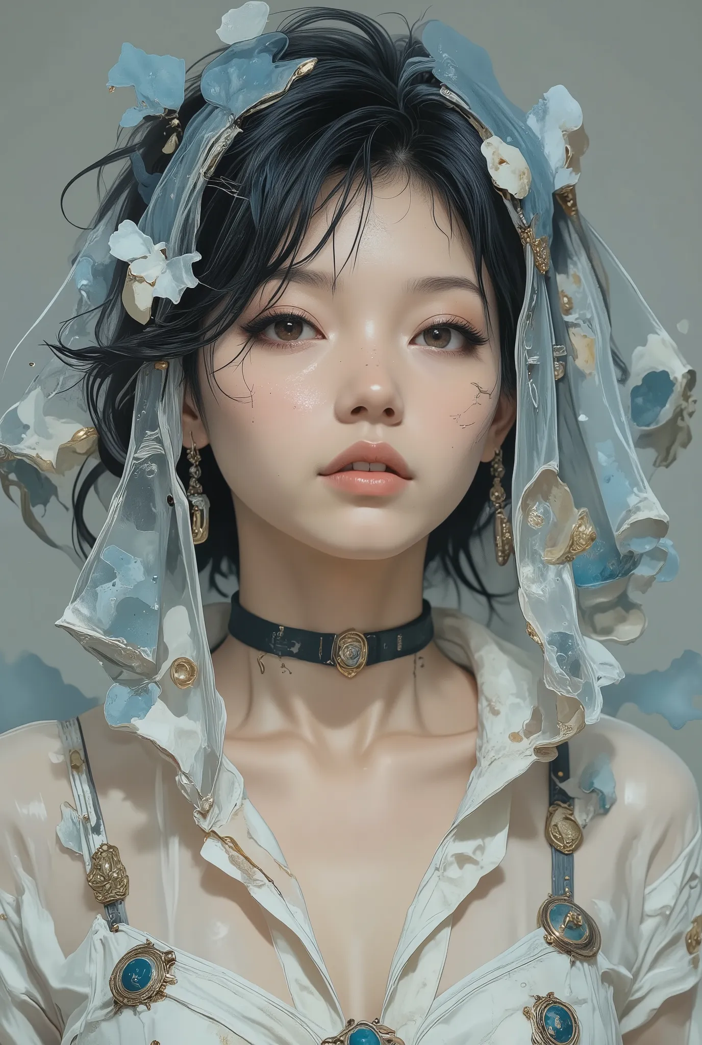 Create a surreal upper body portrait of a dark-haired woman with a petite physique, enveloped in a delicate, transparent cape that flows like mist around her. Her expression is enigmatic, eyes shimmering with a haunting depth, as if she’s a spirit caught b...