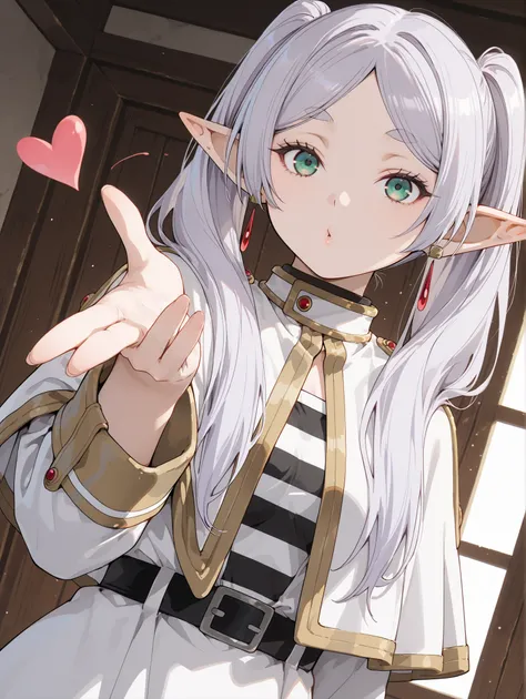 masterpiece,perfect anatomy,high resolution, ultra-detailed,beautiful detailed eyes,dutch angle,absurdres,1girl, solo, frieren, elf, pointy ears, grey hair, long hair, twintails, green eyes, small breasts, earrings, robe, striped shirt, belt, white capelet...