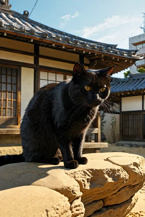 Cat on a rock, background, Detailed wall, Detailed roofs ,  accurate Japanese buildings , on a sandy beach, detail fur, Japanese building on accurate black cat
[reflection, Brilliant Light, realistic, high definition photo, 4K, high resolution,  7-Japanese...