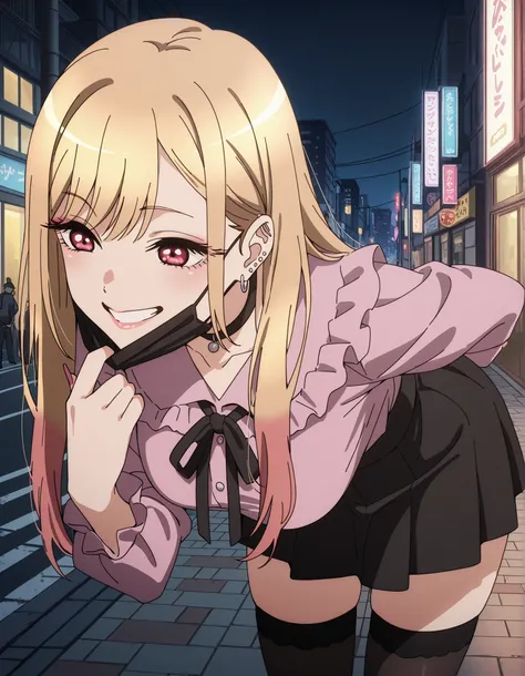 Score_9, score_8_up, score_7_up, source_anime, Marin Kitagawa, 1girl, solo, blonde hair, long hair, multicolored hair, red eyes, pink nails, nail polish, fingernails, jewelry, earrings, ear piercing, large breasts, (best quality), (high quality), {masterpi...