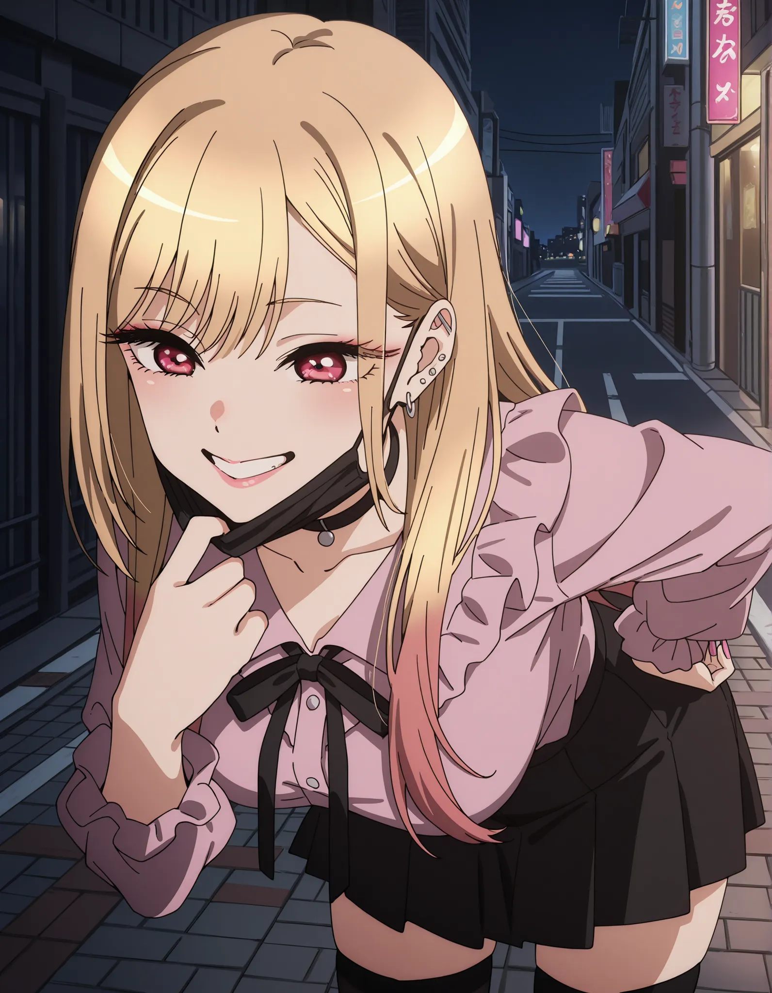 Score_9, score_8_up, score_7_up, source_anime, Marin Kitagawa, 1girl, solo, blonde hair, long hair, multicolored hair, red eyes, pink nails, nail polish, fingernails, jewelry, earrings, ear piercing, large breasts, (best quality), (high quality), {masterpi...