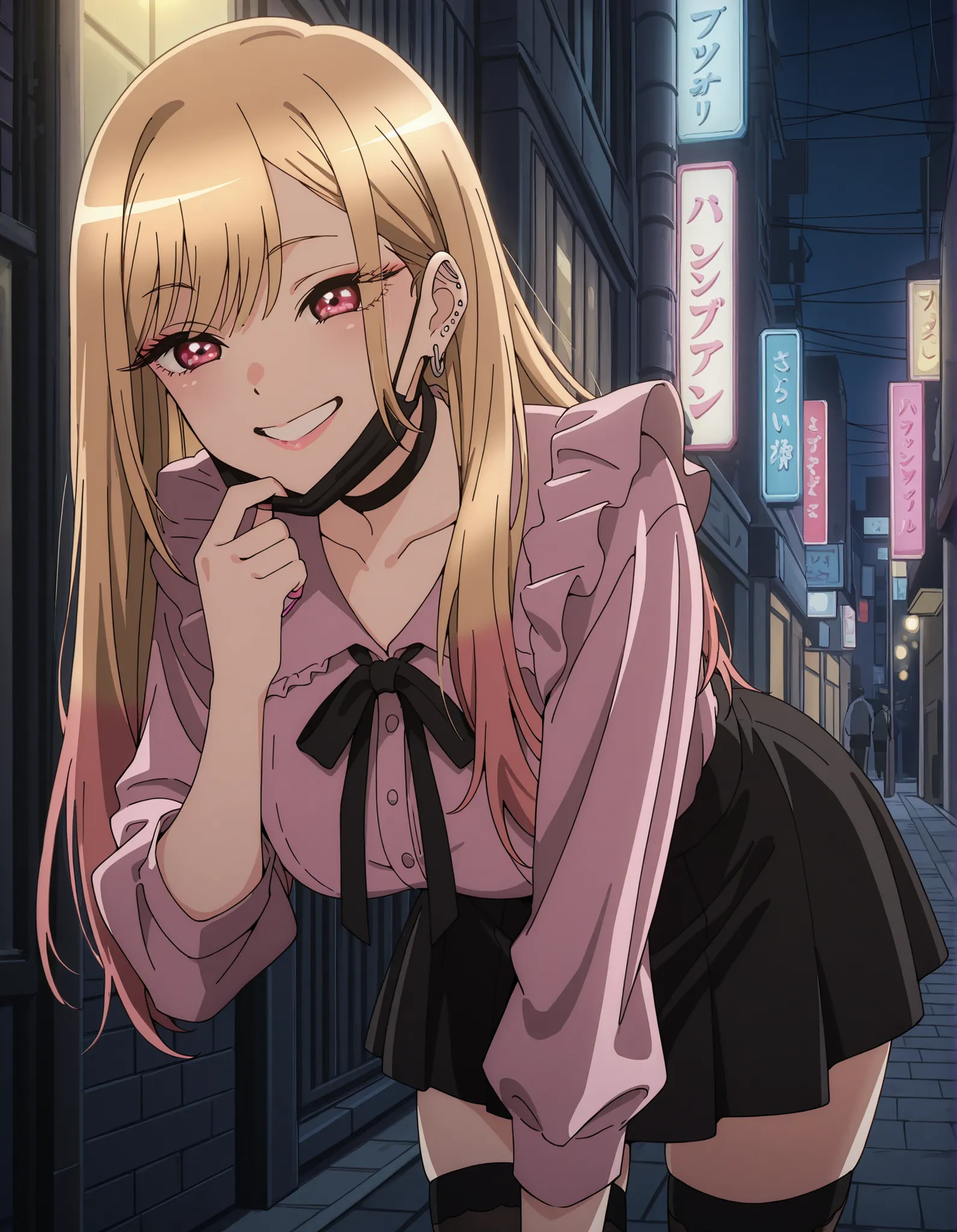 Score_9, score_8_up, score_7_up, source_anime, Marin Kitagawa, 1girl, solo, blonde hair, long hair, multicolored hair, red eyes, pink nails, nail polish, fingernails, jewelry, earrings, ear piercing, large breasts, (best quality), (high quality), {masterpi...