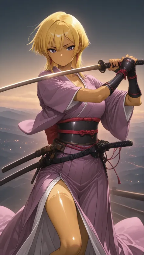 perfect,8k Resolution,very detailed,like the picture,Professional,bright color,Bokeh  ,Beautiful Samurai,  holding a Japanese sword,combat action fighting enemies with swords,wolf cut,yellow hair,brown skin,thin legs,Japanese Kimono,perfect顔,anatomically a...