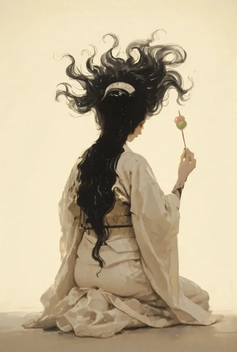 *"A graceful and surreal portrayal of the Japanese yokai Futakuchi-onna, viewed from behind as she sits in seiza (traditional kneeling posture). She is placed in a minimalist, softly lit space with a smooth, beige-toned background — no furniture, no textur...