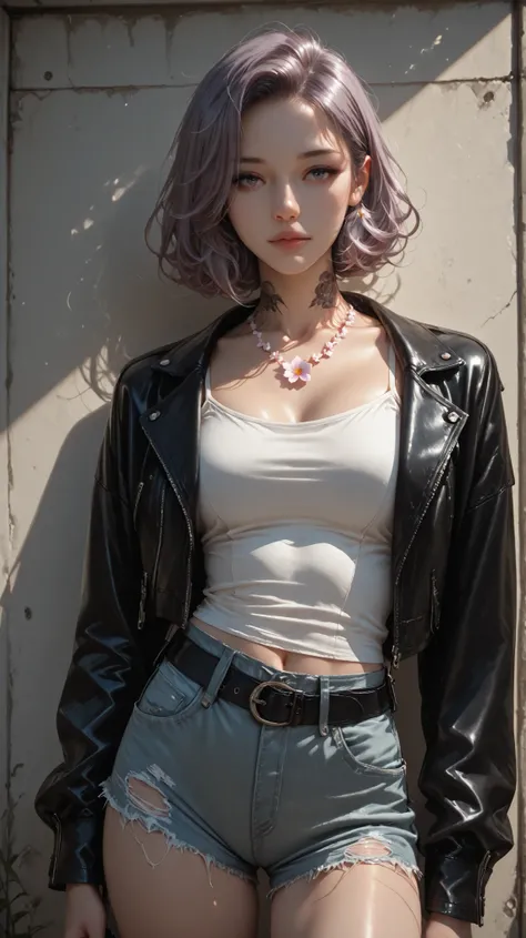 Female street shooter with short burgundy hair, A cold expression and a tattoo on her neck. She is wearing a precious black leather jacket. She is holding a beautiful semi-realistic Korean girl，Height 166 cm，Weight 55 kg，with soft light purple gray long cu...