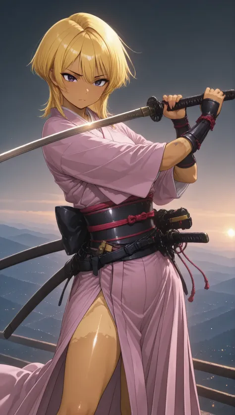 perfect,8k Resolution,very detailed,like the picture,Professional,bright color,Bokeh  ,Beautiful Samurai,  holding a Japanese sword,combat action fighting enemies with swords,wolf cut,yellow hair,brown skin,thin legs,Japanese Kimono,perfect顔,anatomically a...