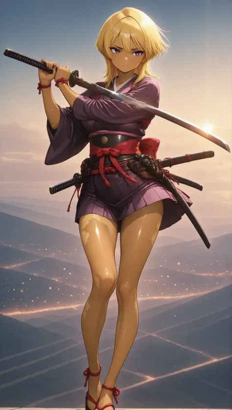 perfect,8k Resolution,very detailed,like the picture,Professional,bright color,Bokeh  ,Beautiful Samurai,  holding a Japanese sword,combat action fighting enemies with swords,wolf cut,yellow hair,brown skin,thin legs,Japanese Kimono,perfect顔,anatomically a...