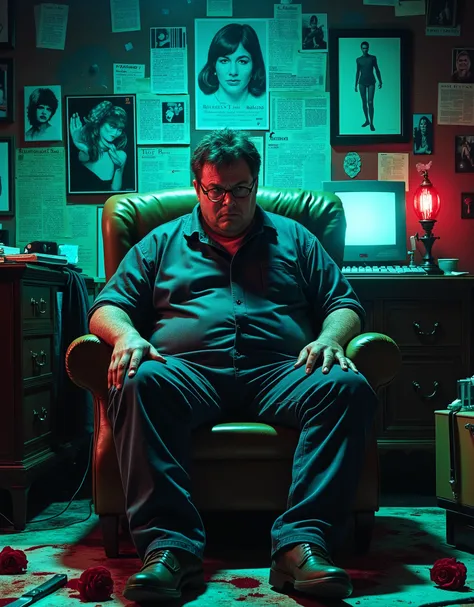 man with glasses, lonely geek, bad complexion, over weight, messy apartment, posters of an actress who resembles Lauren Bacall, John Lennon albums by his record player, Pictures of Bjork, dead roses on the floor, unsent fan letters, on the coffee table a c...