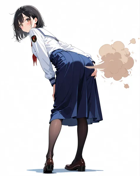 ultra detail, Best Quality, Incredibly Detailed,   beautiful  , masterpiece, 1 girl, 99 mix , viewers, full body, touches his butt, triple eye, Round eyes, brown eyes, medium short hair, black hair, midi skirt, uniform, (white background:1.2), embarrassing...