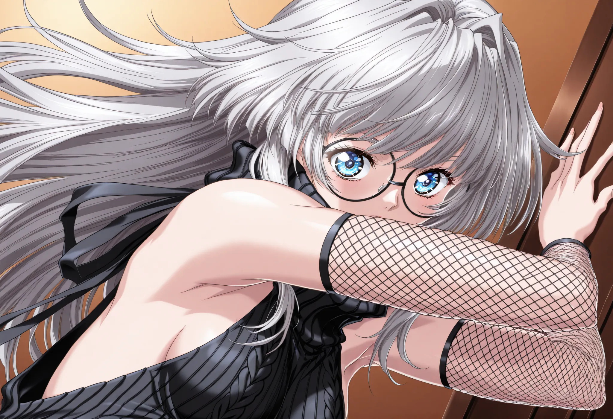 (Yokota Mamoru style),charming smiles,(portrait :1.4)masterpiece, Best Quality, Great Quality, very detailed, Newest, very aesthetic, 1girl, gray hair, blunt bang, long hair, round eyewear, blue eyes, long eyelashes, side boob, medium chest, virgin kill...