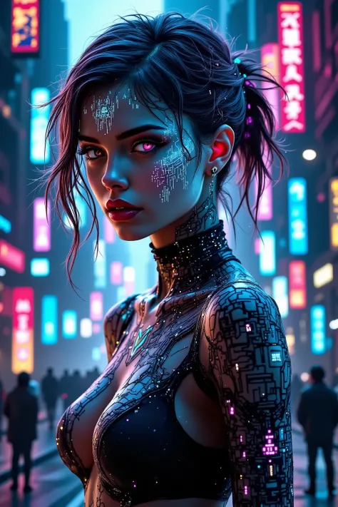 cyberpunked masterpiece, full body image, best quality:1.2, 1 female, solo, quantum flow matrices across face, circuit board etching along neck, logic gate patterns on temples, digital node markings pulsing with energy, tech-tribal markings flowing down ar...