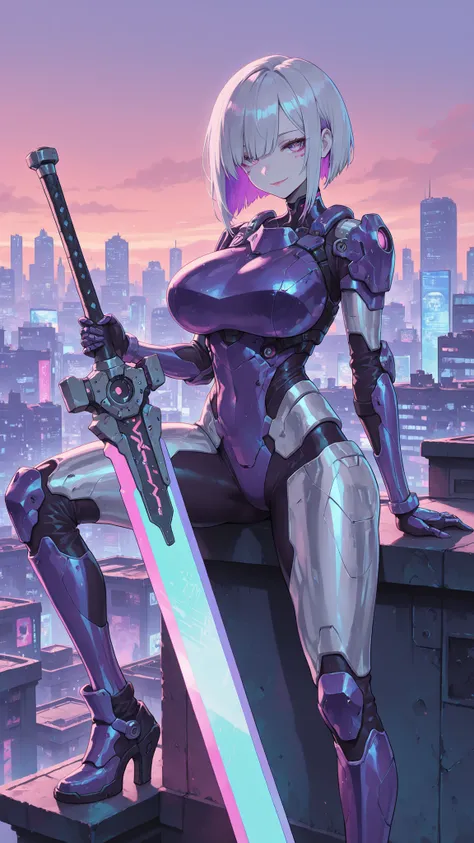 Cyberpunk city,Outdoors,On the roof,Evening,A Female(silver short hair,purple inner hair),Seductive smile,Huge oppai,Wearing a Purple Knight Armor(Full-body),Both Hands Holding A bionic great sword,Standing position(Spreading legs),UHD, masterpiece, anatom...