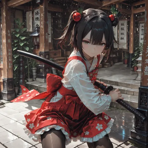 Shelley Gee, (masterpiece, top quality, In high quality: 1.2), girls, Alone, dark brown eyes, frills、lace fabric、black hair、pantyhose、Women's Funny Faces、sleeves are bordered with lace 、Slightly Short Bob、 135 cm 、elementary school student、cute face、...