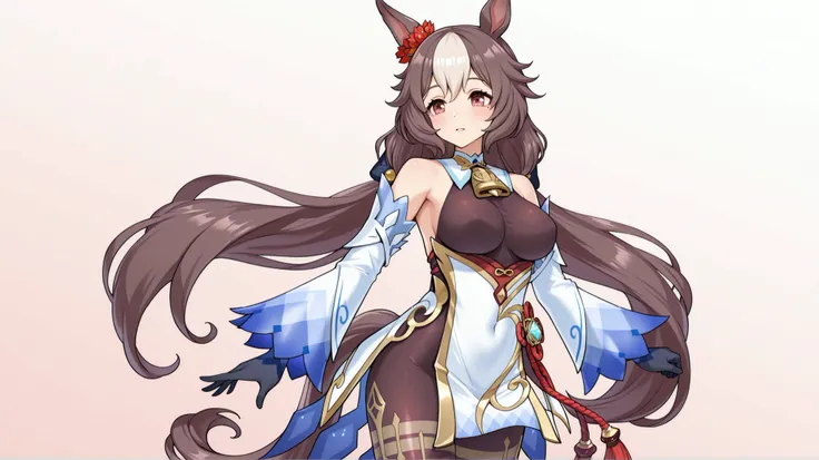 yamanin zephyr（Uma Musume）, Uma Musume, solo, [top quality], [Super beautiful CG], [Highly Detailed CG], [Super Detailed], [CG illustration], [high resolution], [extremely delicate and beautiful],  very detailed skin, Medium Breasts,  genshin ganyu cosplay...