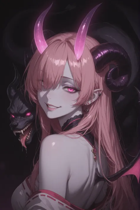 In a dark, purple world, illuminated by a dim, hellish glow, stands a captivating demon, radiating a mixture of danger and seduction. Her long, flowing pink hair dances like silken tongues in the wind, cascading over her shoulders and back. A few wisps of ...