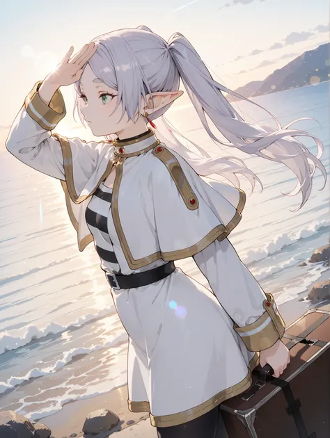 masterpiece,perfect anatomy,high resolution, ultra-detailed,beautiful detailed eyes,dutch angle,absurdres,1girl, solo, frieren, elf, pointy ears, grey hair, long hair, twintails, green eyes, small breasts, earrings, robe, striped shirt, belt, white capelet...