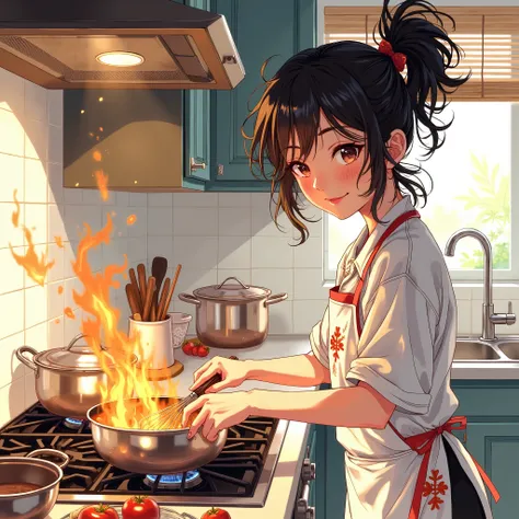 The girl in the kitchen is cooking, detailed, detailed, clear, best quality, Anime style,