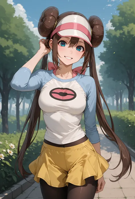 score_9, score_8_up, score_7_up, nh, smile, teeth, 1girl, solo, rosa, brown hair, double bun, hair bun, blue eyes, hair between eyes, twintails, pantyhose, pantyhose under shorts, raglan sleeves, yellow shorts, white shirt, blue sleeves, visor cap, looking...
