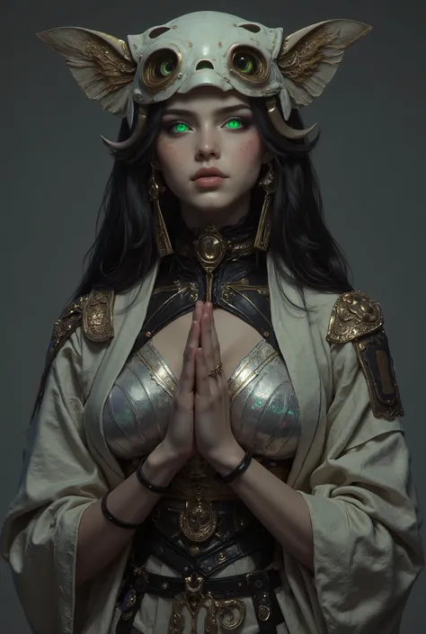 (best quality, 4k, highres, masterpiece:1.2) , ultra-detailed, (realistic, photorealistic:1.37), mysterious and beautiful female humanoid creature with glowing green eyes embedded in its iridescent armor, her hands are clasped together as if in prayer, ele...