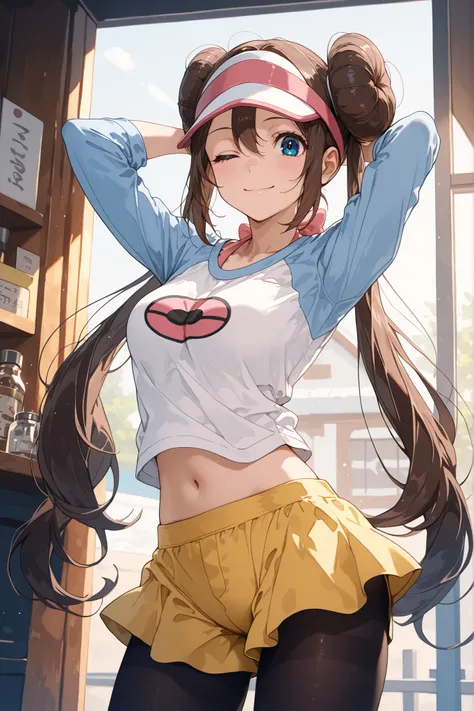 score_9, score_8_up, score_7_up, nh, smile, 1girl, solo, rosa, brown hair, double bun, hair bun, blue eyes, hair between eyes, twintails, pantyhose, pantyhose under shorts, raglan sleeves, yellow shorts, white shirt, blue sleeves, visor cap, looking at vie...