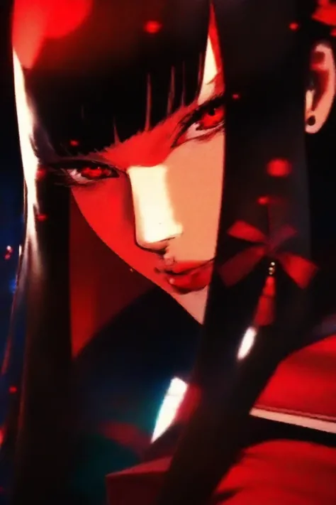 Hair ornament on left bangs,Completed_120%, completed_130%, completed_150%, Persona, Hifumi Togo, Persona 5, realistic, close-up of upper body, sideways, sharp fox eyes, almond eyes, glowing eyes, thick eyebrows, cool facial expression, lips with blood dro...