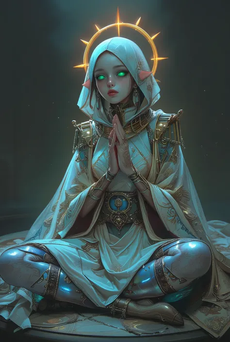 mysterious and beautiful female humanoid creature with glowing green eyes embedded in its iridescent armor, her hands are clasped together as if in prayer, elegant futuristic kimono with gold accents, monochrome color scheme, dramatic studio lighting, ultr...