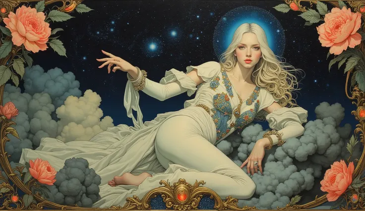 (( Bartolomé Murillo)) ((Cyberpunk's)), unique , In the clouds of the galaxy,　starry sky, halo,  , blonde long, ((Bartolomé Esteban Murillo style)),  darkness，SF, ((top quality, masterpiece)), (More Rights  , 高details),  8,000，Canvas Oil Painting
 Her porc...