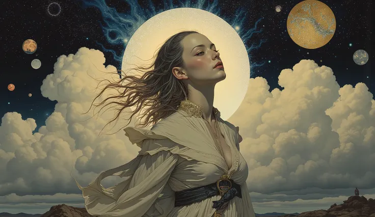 (( Bartolomé Murillo)) ((Cyberpunk's)), unique , In the clouds of the galaxy,　starry sky, halo,  , blonde long, ((Bartolomé Esteban Murillo style)),  darkness，SF, ((top quality, masterpiece)), (More Rights  , 高details),  8,000，Canvas Oil Painting
 Her porc...
