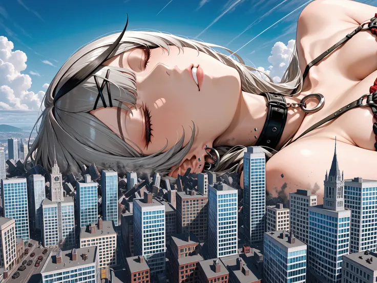 masterpiece, best quality, great quality, very detailed,"Sakamata Chloe" are sleeping in each other's arms, The gigantic "Sakamata Chloe" towering higher than any building, Miniature cities, ruined miniature cities,Densely packed buildings, Destroying bui...