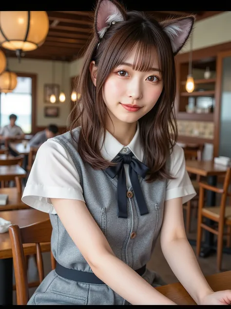 (top quality、table top、8k、Best Picture Quality、超A high resolution:1.5, (Photorealistic:1.4),masterpiece:1.2,(top-quality:1.4)、Raw photo)、Woman working at a seaside cafe、Cafe with wooden deck facing the beach、Cafe staff uniform、Cafe clerk wearing maid clot...