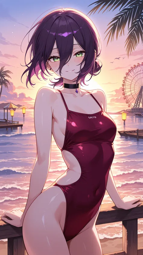 BREAK looking at viewer,BREAK (masterpiece:1.2), best quality, high resolution, unity 8k wallpaper, (illustration:0.8), (beautiful detailed eyes:1.6),Golden-hour beach where turquoise waves kiss pink sand, a vintage amusement park glowing on the pier behin...