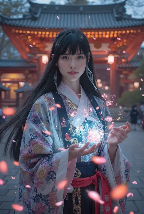 (best quality, 4k, highres, masterpiece:1.2) , ultra-detailed, (realistic, photorealistic:1.37), beautiful Japanese high school girl, dressed in traditional onmyoji outfit fused with modern school uniform, long black hair with silver streaks, glowing talis...