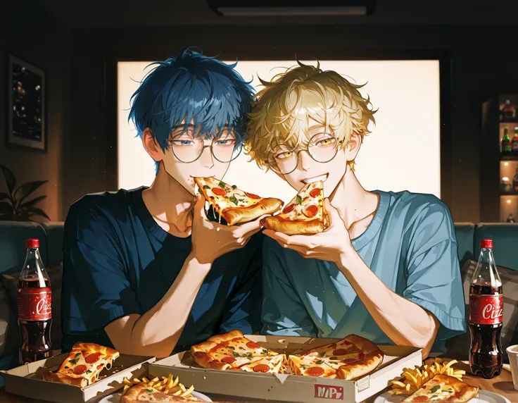 masterpiece, best quality, ultra-detailed, cinematic lighting, 2men, friendship, handsome, two men sitting on a sofa, sitting side by side, cozy living room at night, (left man pixie cut, blonde hair,  blue eyes, ), (right man has short messy hair, messy b...
