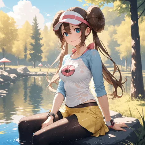 score_9, score_8_up, score_7_up, nh, smile, medium breasts, 1girl, solo, rosa, brown hair, double bun, hair bun, blue eyes, hair between eyes, twintails, pantyhose, pantyhose under shorts, raglan sleeves, yellow shorts, white shirt, blue sleeves, visor cap...