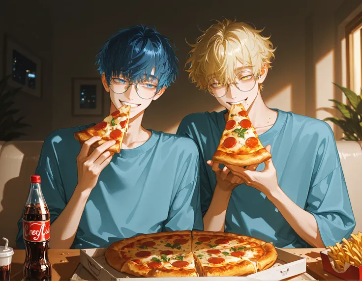 masterpiece, best quality, ultra-detailed, cinematic lighting, 2men, friendship, handsome, two men sitting on a sofa, sitting side by side, cozy living room at night, (left man pixie cut, blonde hair,  blue eyes, ), (right man has short messy hair, messy b...
