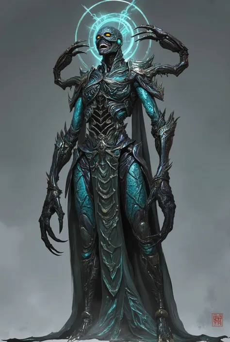 (best quality,4k,8k,highres,masterpiece:1.2), ultra-detailed, (realistic,photorealistic,photo-realistic:1.37), Divine insectoid female demon warrior, jet black and cian exoskeleton armor, muscular humanoid body, massive scorpion claws, glowing halo, menaci...