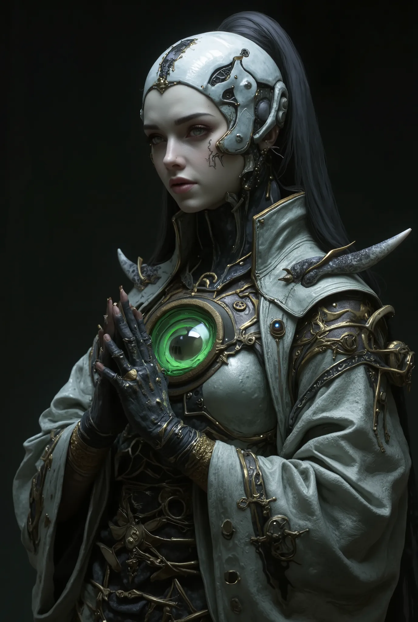 (best quality, 4k, highres, masterpiece:1.2) , ultra-detailed, (realistic, photorealistic:1.37), mysterious and beautiful female humanoid creature with glowing green eyes embedded in its iridescent armor, her hands are clasped together as if in prayer, ele...