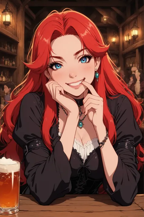 1SIL, A girl with beautiful eyes, looks at the camera with a sweet smile and a finger in her mouth, doing, Beautiful, rich colors, best quality, High detail, beautiful, perfect anatomy, jewelry, gothic style, Pupsik, Beauty, close-up, red hair, in the Tave...