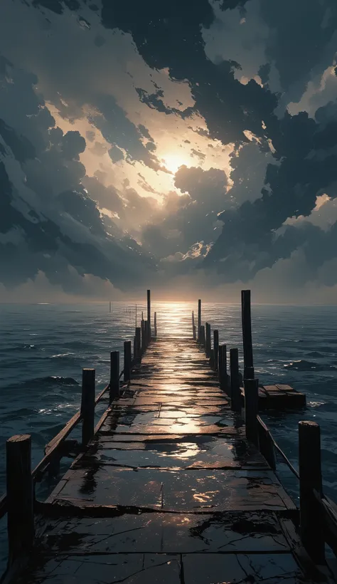 The image depicts a serene and atmospheric scene of a wooden dock extending into a body of water, likely a lake or sea, under a dramatic sky filled with dark, swirling clouds. The dock is wet, reflecting the light of the setting or rising sun, which create...
