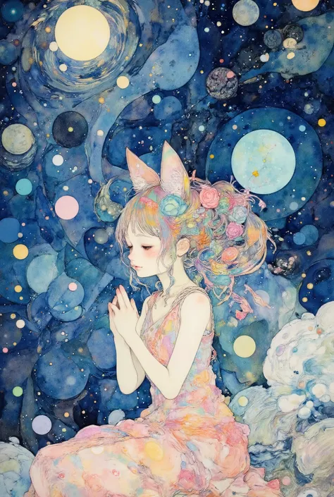 (Extremely Beautiful and Exquisite Watercolor:1.5),((Beautiful cat girl offering a prayer for July 5th)), cosmic background、starry sky background、Quality\(8k,非常に精細なCGユニットのWallpaper, masterpiece,high definition,top-Quality,top-Quality real texture skin,Surr...