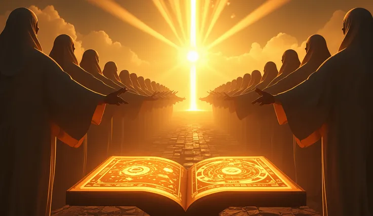 A divine cinematic scene set in the highest realms of the heavens. A powerful glowing presence, symbolizing the speech of Allah, radiates from the unseen. Surrounding this divine light are rows of majestic faceless angels shown from behind, heads respectfu...
