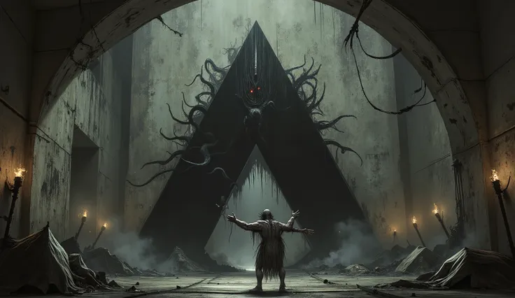 A man with no skin standing in front of a large black triangle on a concrete wall. He beckons with outstretched arms in the darkness as tentacles reach out from the blackness of the triangle. Dim lighting from torches, Eldritch Horror, surreal, macabre, go...