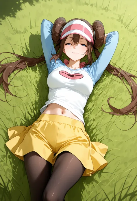 score_9, score_8_up, score_7_up, nh, lying, lying on grass, grass, smile, eyes closed, 1girl, solo, outdoors, rosa, brown hair, double bun, hair bun, blue eyes, hair between eyes, twintails, pantyhose, pantyhose under shorts, raglan sleeves, yellow skirt, ...